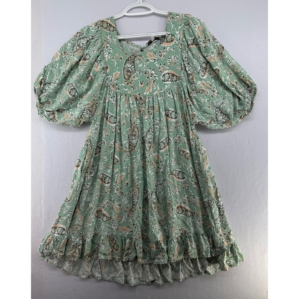 Y2K Babydoll Dress Hayden Los Angeles Sage Green Paisley Puff Sleeve Medium